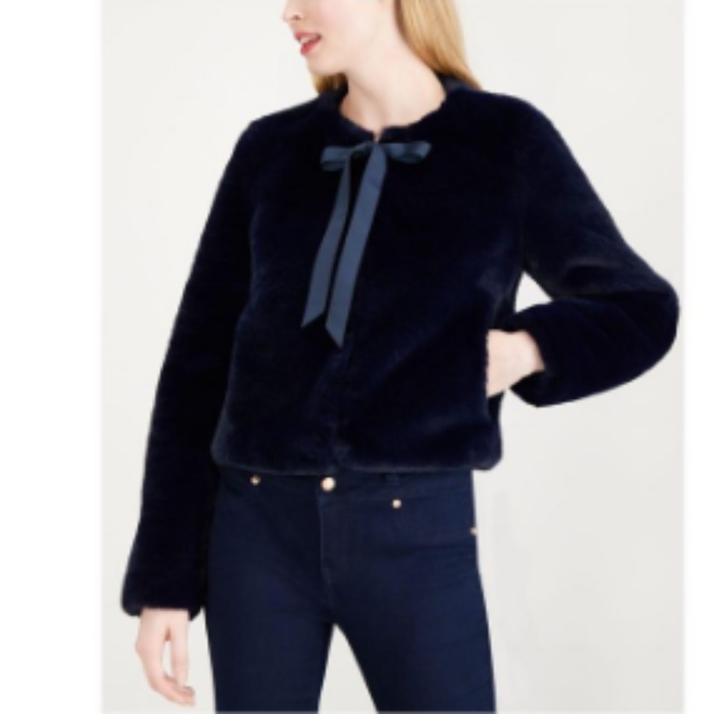 Maison Jules Faux Fur Cropped Teddy Jacket Coat Tie Neck Blue Winter Sweater